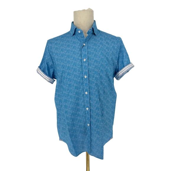 Robert Graham Button Front Short Sleeve Shirt CRAYMER Geometric Blue White M - Picture 1 of 8